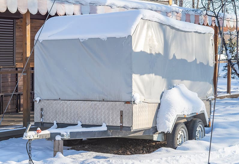 Icehouse on trailer in winter.